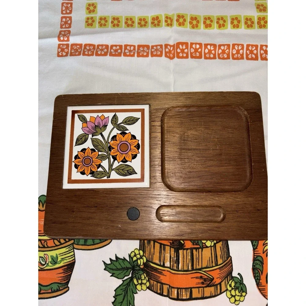 JAPAN Wood & Ceramic Floral Tile Inset Cutting Board, Medium Rectangle, Feet